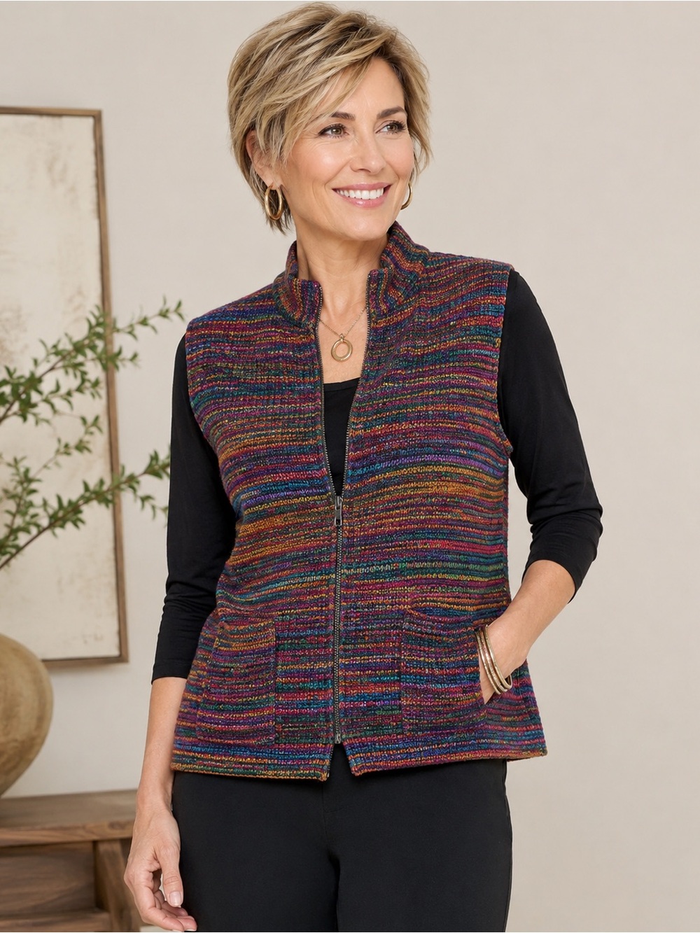 Chico’s Silk Cotton Rainbow Woven Zip Front Vest‎ Size 0 Boho Artisan